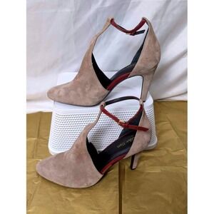 Calvin Klein Cherilyn T-Strap Pumps/Taupe Suede\Red Ankle Strap ~ Size 11